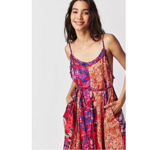 New Free People Moondive Boho Patchwork Print Maxi Dress $168 X-LARGE Red Floral